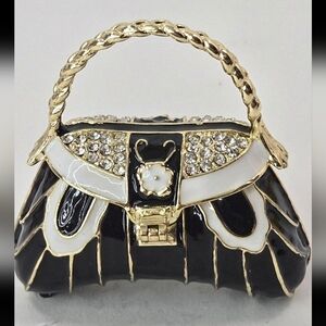 NEW* Trinket, Jewelry Box Purse Handbag Black & White Enamel, Gold, Rhinestones